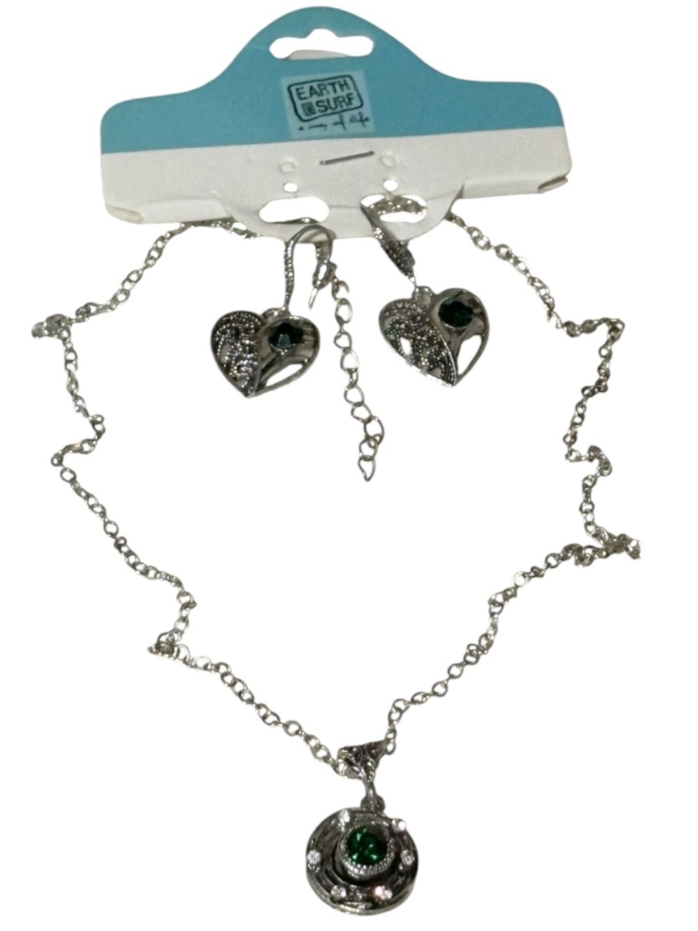 Silver-Tone Necklace with Emerald Green Center Stone Pendant & Earrings Set NWT!
